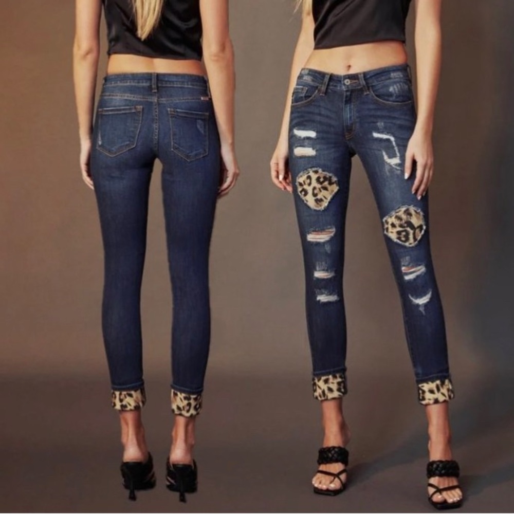 KanCan Distressed Leopard Patches Skinny Denim Jeans